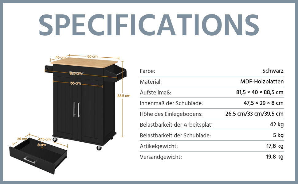 Кухонний візок Yaheetech з висувною шухлядою та 3 шафками, чорний, 66 x 45,5 x 91,5 см