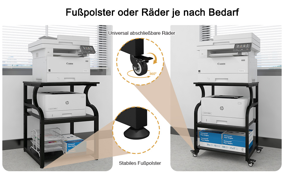 Регульований стіл для принтера PUNCIA з 3 полицями, з роликами, мобільний візок для принтера з дерева та металу, чорний (60 x 50 см)