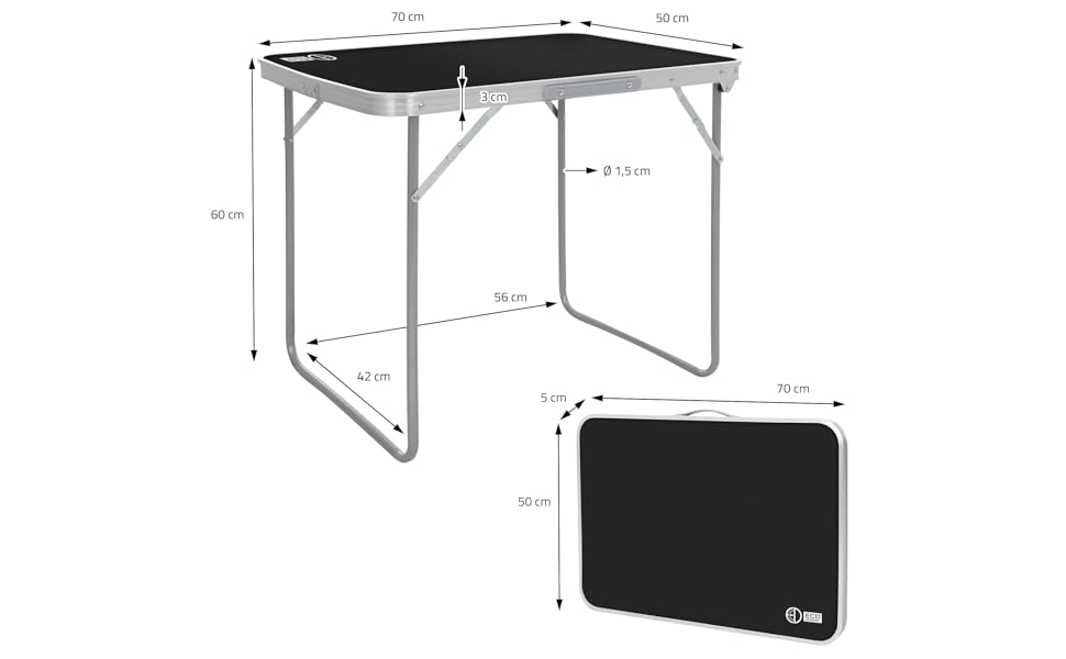 Німеччина Alu Стіл кемпінговий розкладний 70x50x60 см, чорний, МДФ дошка, складний, портативний, легкий, Розкладний стіл для пікніка, Стіл для кемпінгу з ручкою, Садовий стіл Стіл для подорожей Стіл на балконі Обідній стіл 70 х 50 х 60 см Чорний
