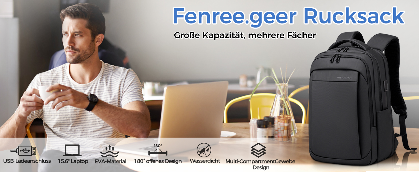 Чоловічий рюкзак Fenree.geer для ноутбука 15.6 дюймів, містка сумка для ручної поклажі, чорний