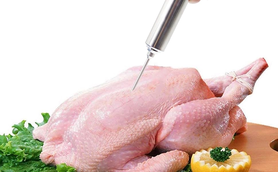 Шприц для маринування м'яса BBQ 60 мл з 3 голками, нержавіюча сталь 304, для м'яса, птиці, випічки (Срібло)