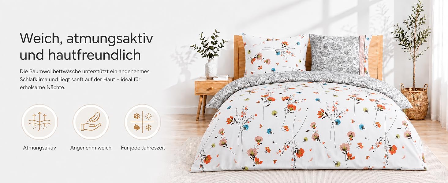Комплект постільної білизни Buymax Renforcé з 100% бавовни, 2 підковдри 155x220 см та 2 наволочки 80x80 см, гіпоалергенна сертифікація Oeko-TEX, на блискавці