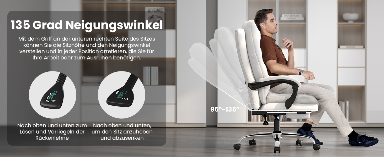 Ергономічне крісло для офісу Naspaluro з підніжкою, комп'ютерне крісло з двошаровою подушкою, високою спинкою, функцією відкидання, регулюванням висоти, з PU-шкіри, до 150 кг (Білий, Штучна шкіра)