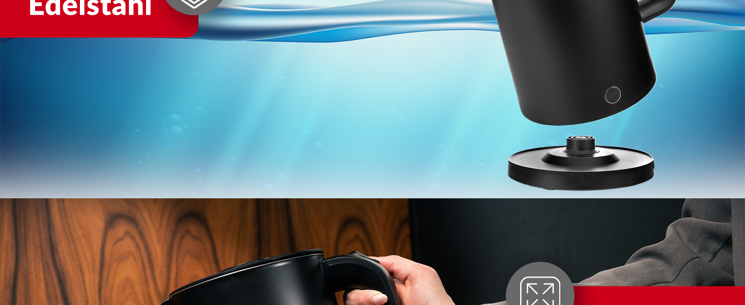 Електричний чайник Lehmann Edelstahl 1.7L, 2200W, чорний: швидкий нагрів, подвійні стінки, захист від перегріву, BPA-free, для дитячого харчування, чаю та кави