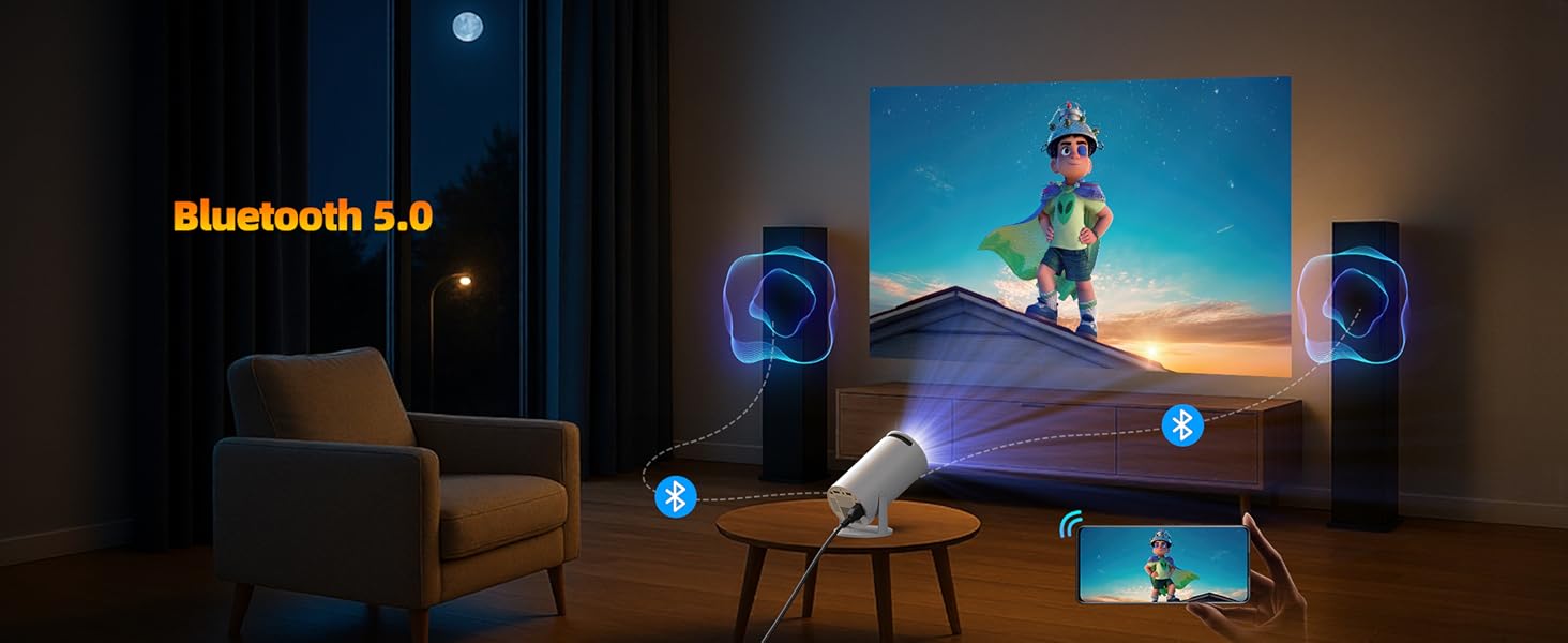 Портативний проєктор Mini Beamer 4K з WiFi6, Bluetooth 5.0 та Android 11.0. Підтримка HDMI, USB, Laptop для домашнього кінотеатру. Автоматичне вирівнювання зображення