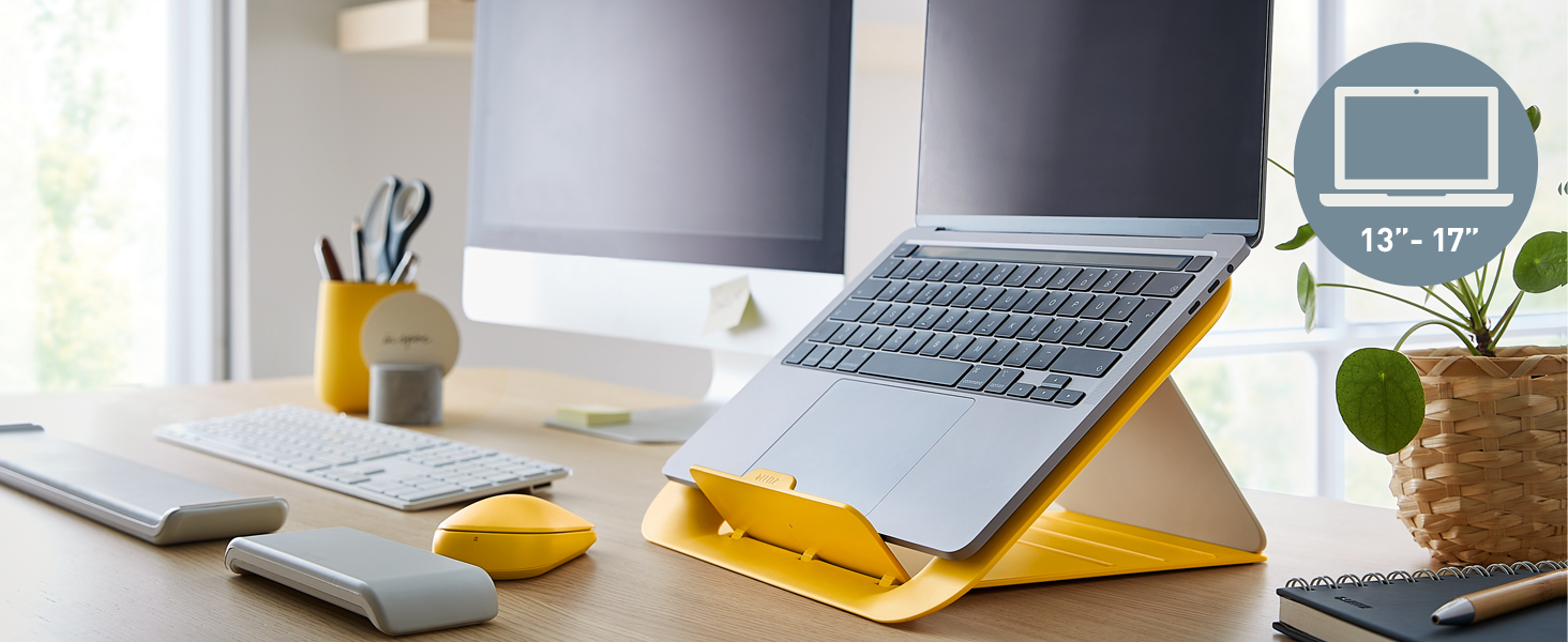 Підставка для ноутбука Leitz Ergo, регульована по висоті, для ноутбуків 13'-15', з 80% переробленого пластику, 6 положень висоти та кута, компактна, 100% перероблювана, артикул 64240089 (Стандарт, Теплий жовтий)