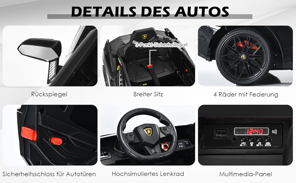 Дитячий електромобіль Lamborghini GOPLUS, з пультом керування, Bluetooth, USB, музика, 3–5 км/год, для дітей 3–8 років, білий/чорний