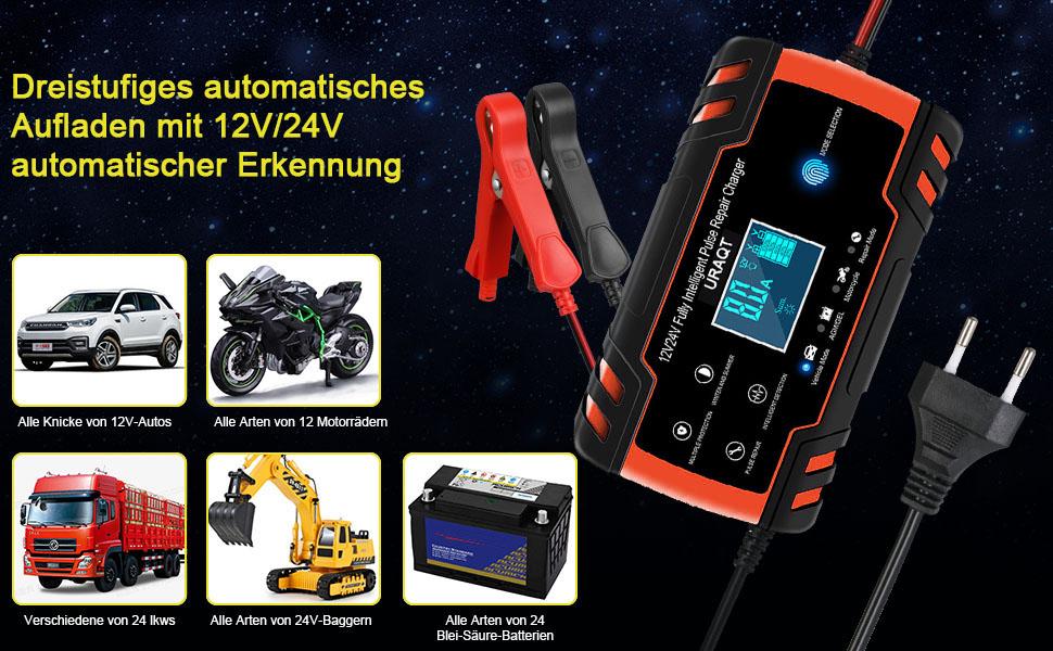 Зарядний пристрій для акумулятора URAQT 8A: 12V/24V, розумний, автоматичний, з LCD, для авто, вантажівок, мотоциклів, човнів