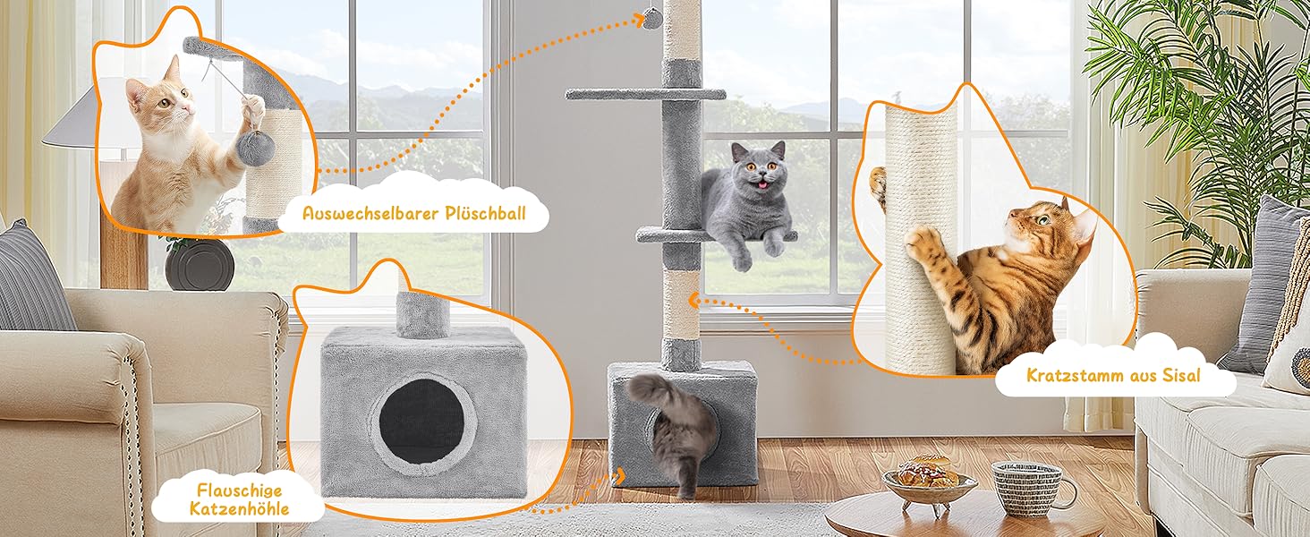 Стеля Yaheetech Cat Tree High XXL 226 см-265 см Регульована висота Cat Tree Cat Scratching Tree, сучасне дерево для лазіння з кігтеточками для котячого будиночка Платформи, світло-сірий