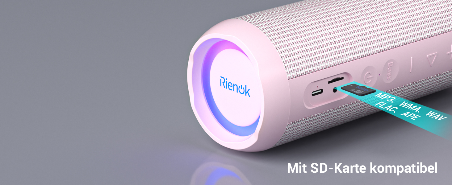 RIENOK Портативна Bluetooth Колонка з Підсвічуванням, Рожева, IPX7 Водонепроникна, 3600 mAh, Bluetooth 5.3, Бас, Стерео Звук