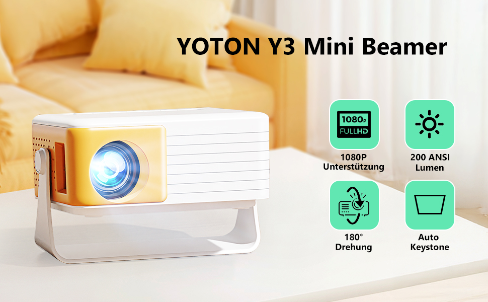 Міні проектор YOTON Y3 1080P: портативний для кінотеатру вдома, з авто-корекцією та HDMI/USB/Phone/PS5, жовтий