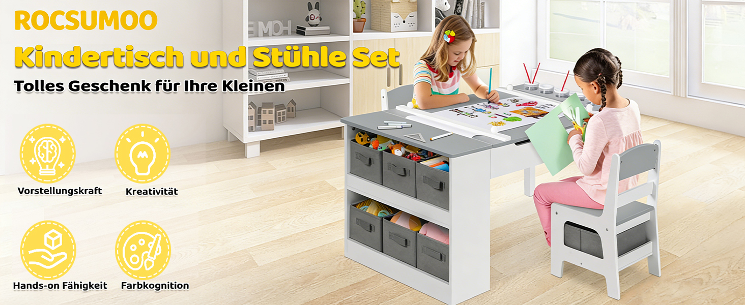 Дитячий стіл Kinder-Kunsttisch-Set з 2 стільцями: дерев'яний активний стіл для малюків з регульованою стільницею, відрами для фарб та 8 тканинними ящиками для зберігання (сірий/білий)