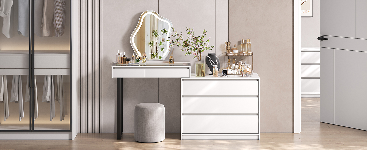 Тюль для макіяжу BROTTAR з регульованою LED-підсвіткою, туалетний столик зі дзеркалом, тумбочка з 5 висувними ящиками, кутовий туалетний столик, L-подібний, кутовий туалетний столик зі скляною стільницею, білий, стиль A