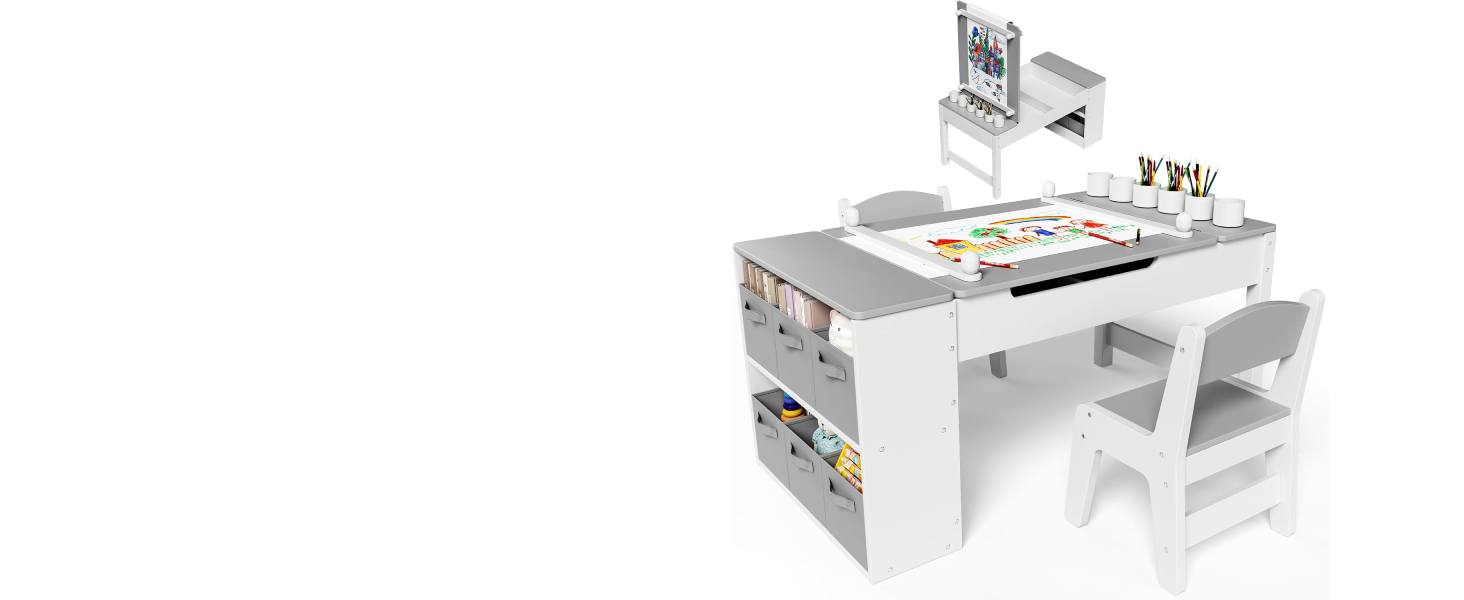 Дитячий стіл зі стільцями, дерев'яний набір, дитяча група сидінь з місцем для зберігання, стіл для малювання з рулоном паперу, стіл для малювання та рукоділля для дітей від 3 років (Сірий)