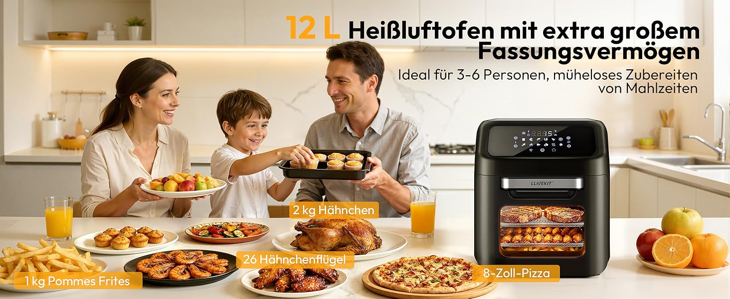 Аерофритюрниця LLIVEKIT 12л з ротисатором та конвекцією, мультипечі 12-в-1, 1800Вт, 7 аксесуарів, чорна