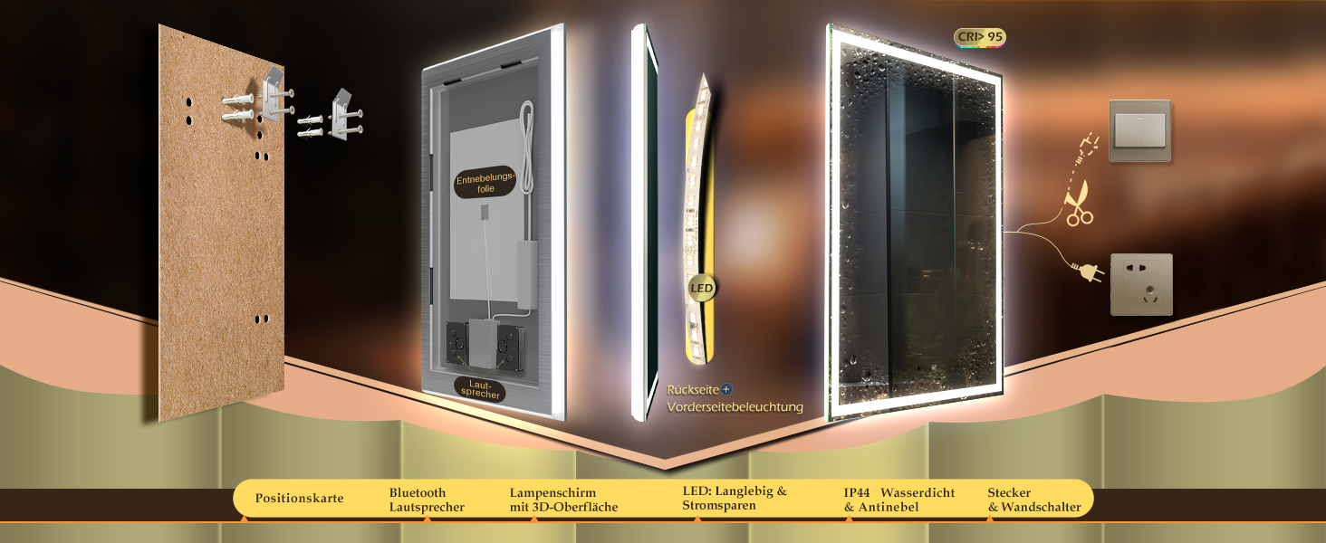 Дзеркало з LED-підсвічуванням та сенсором, з Bluetooth, регульоване освітлення, протитуманне, водонепроникне IP44, для ванної кімнати, 50 x 70 см