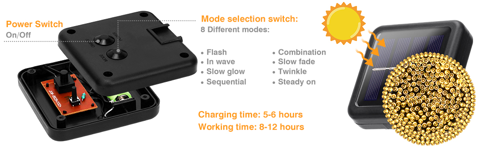 Вулична гірлянда на сонячних батареях, вулична гірлянда 12 м, 100 світлодіодів, водонепроникна 8-режимна гірлянда на сонячних батареях, Вулична прикраса для різдвяної ялинки