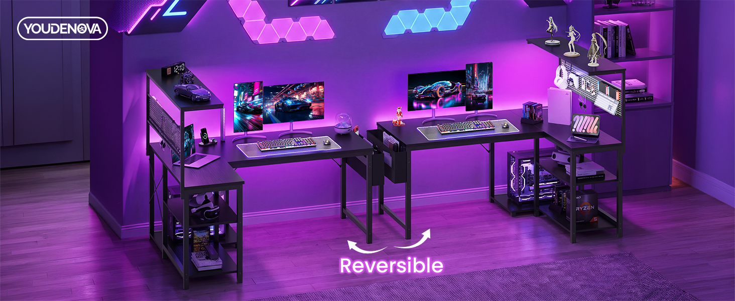 Ігровий стіл Youdenova L-подібний з LED, розеткою та USB, кутовий з полицею та перфорованою стінкою, 120x80 см. Комп'ютерний стіл для геймерів та дому