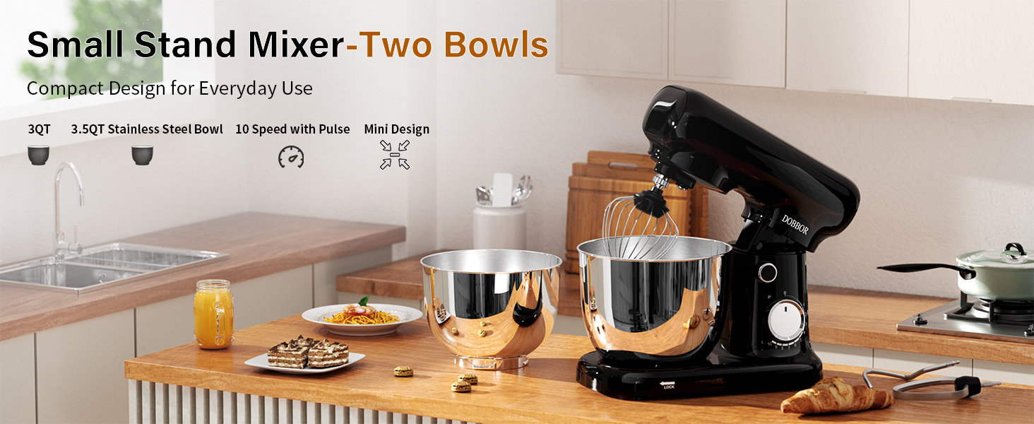 Кухонна машина з місткістю 2.5L та 3L, 10 швидкостей, 1500W, з міксером, шнеком для тіста та скребком, для дому та щоденного приготування (чорний)