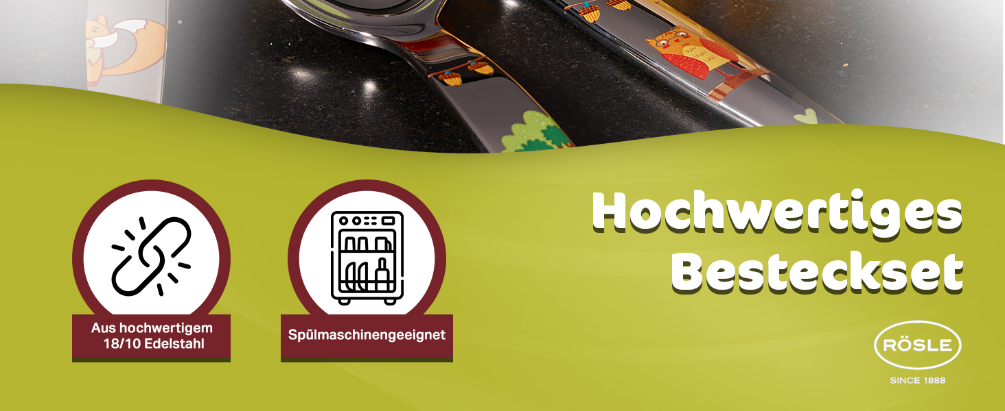 Дитячий набір столових приборів RÖSLE 'Waldfreunde' (4 шт.) з нержавіючої сталі 18/10, для дітей від 3 років, придатний для миття в посудомийній машині, чудовий подарунок на хрещення для хлопчиків та дівчаток