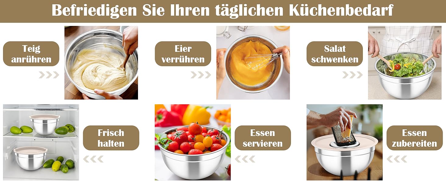 Набір салатниць TEAMFAR 6 шт. з нержавіючої сталі з кришками та силіконовими ніжками, 0,7L / 1,5L / 1,6L / 2,5L / 2,8L / 4,6L, багатофункціональний, для миття в посудомийній машині, з терками