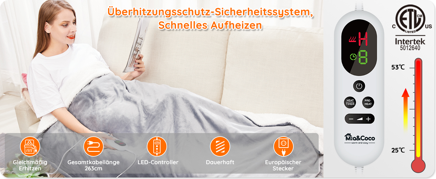 Електрична ковдра Mia&Coco з автовимкненням 160x130 см, 10 рівнів нагріву, таймер 9 год, захист від перегріву, пральна машина, фланелева ковдра для ліжка, дивана та вітальні, сіра, 130x160 см