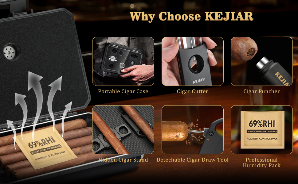 KEJIAR Видавець сигар: портативний кейс-упаковщик з різаком для сигар (V-Cut, Straight Cut, Punched), контролер вологості, чорний