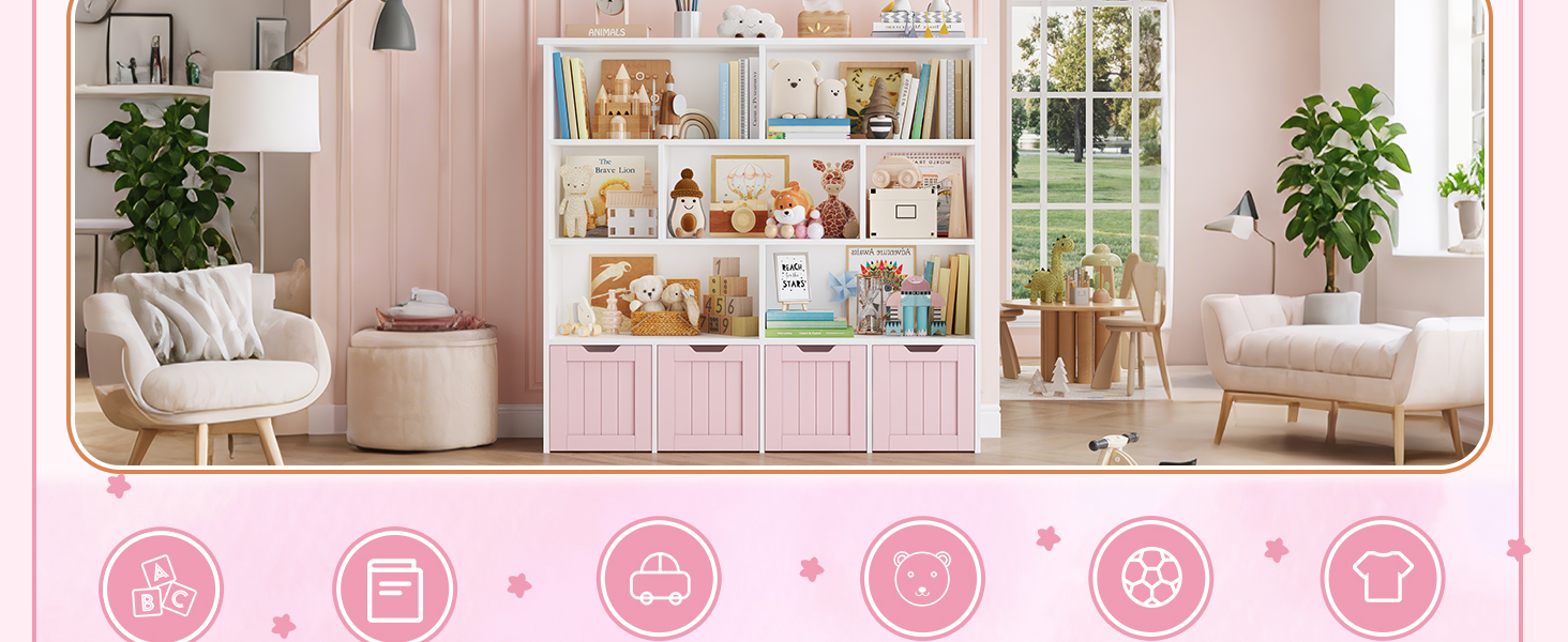 Дитяча полиця FOREHILL з коробками на колесах, 4 яруси, меблі для дитячої кімнати, іграшковий та книжковий стеллаж, рожевий, 125.5x33x118 см