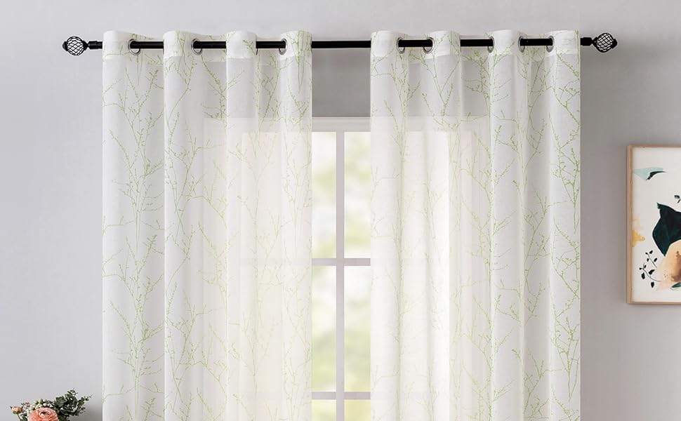 Комплект штор MIULEE Voile з 2 шт. з гілками дерев, люверси, 245x140 см, білий/зелений