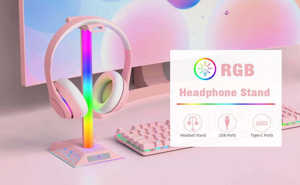 Кронштейн для гарнітури Hcman RGB з USB, світлодіодна підставка для ігрових навушників, рожева