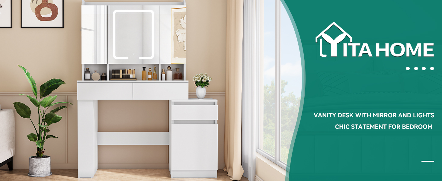 Туалетний столик YITAHOME з підсвіткою та дзеркалом, 4 шухляди, відкриті полиці, чорний (білий)