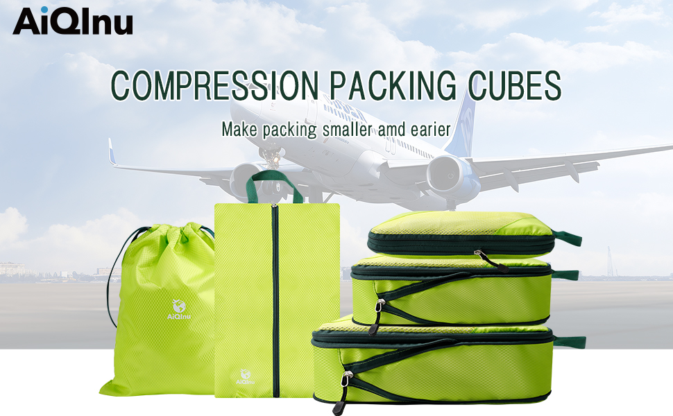 Набір компресійних органайзерів для одягу в дорогу AiQInu, 5 шт. — ультралегкі сумки-пакувальники для валізи з мішком для взуття та білизни, розширювані, зелені