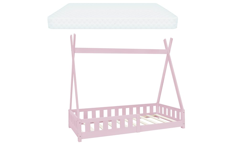 Дитяче ліжко-халапа Tipi ML-Design біле з бортиками та ламелями, з сосни, індіанське ліжко для дівчаток та хлопчиків, ліжко-будиночок з огорожею, підлогове ліжко-халапа для дітей та підлітків, ігрове ліжко-намет (80x160 см з матрацом, рожеве)