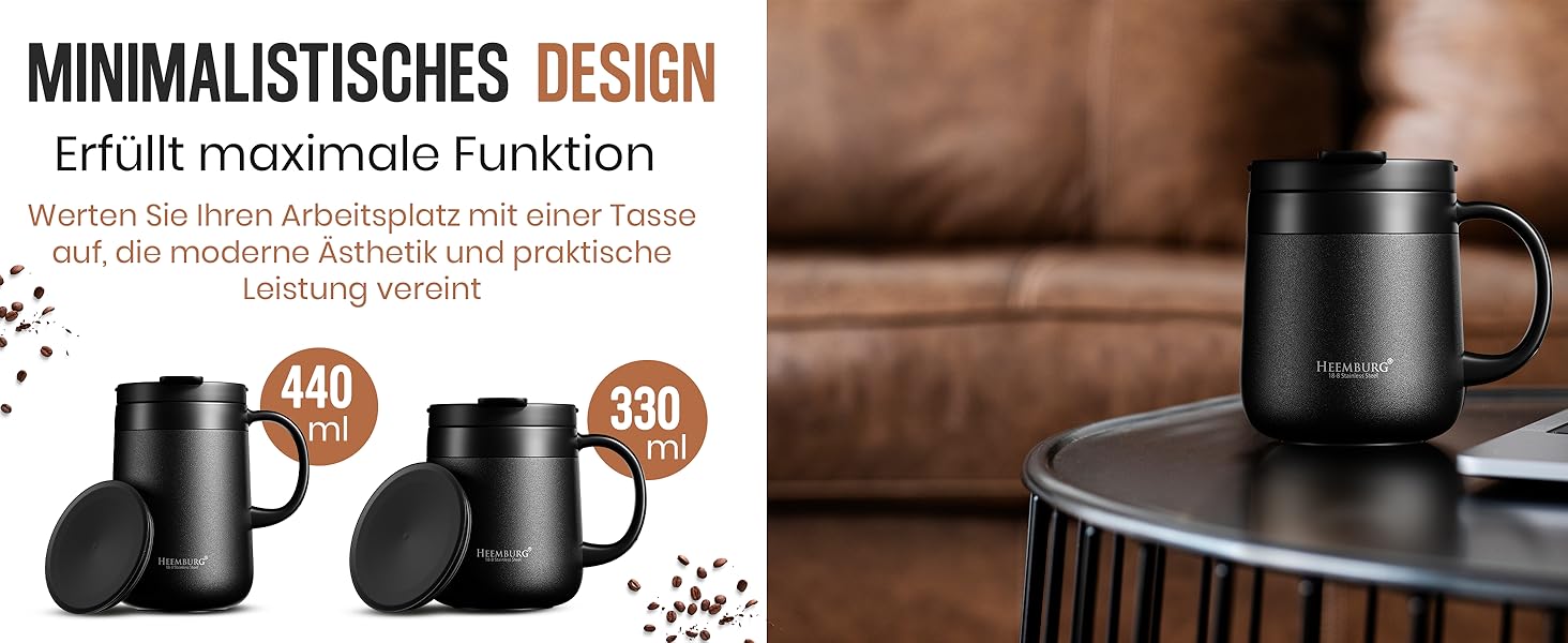 Термокружка з ручкою, подвійні стінки, вакуумна ізоляція, нержавіюча сталь 18/8, з 2 кришками, протиковзке дно, 440 мл, для офісу та робочого місця