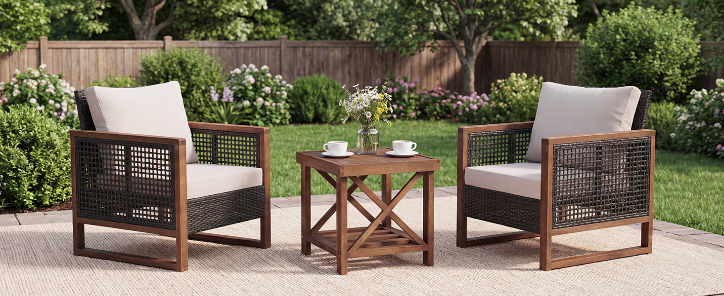 Набір садово-розкладних меблів GIANTEX з ротангу (3 шт.), садова група для балкону на 2 особи, Lounge Set з 2 кріслами та дерев'яним столом, коричневий, з подушками