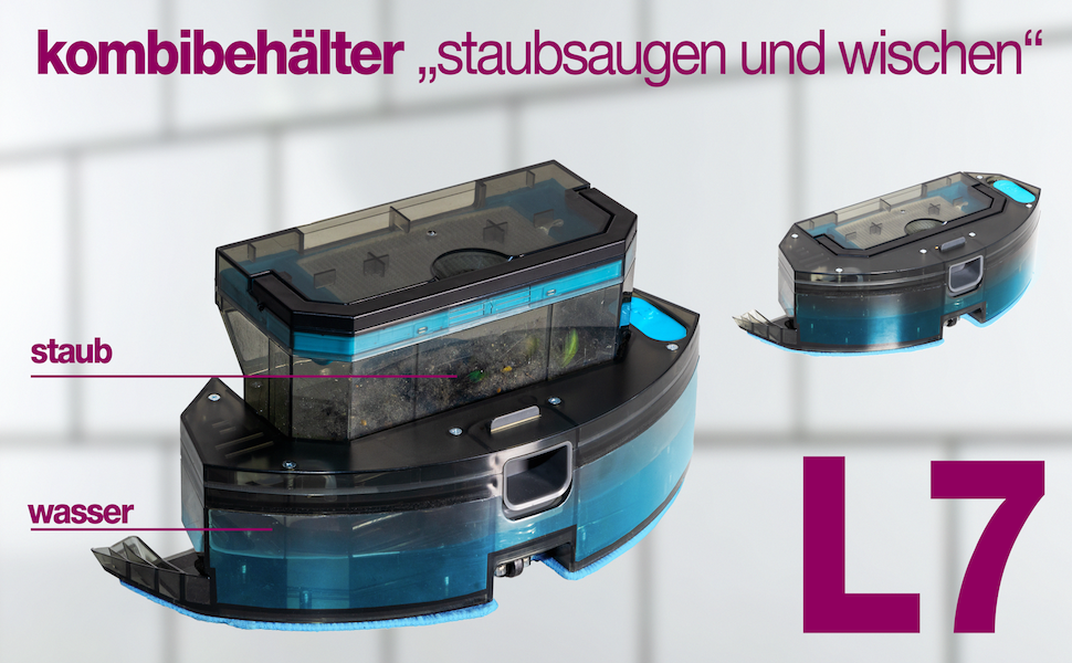 Робот-пилосос SALENTE L7 з функцією миття, 360° лазерна навігація, Wi-Fi, SLAM-картування, керування через додаток. Підходить для підлоги, паркету, килимів та видалення шерсті тварин. UV-стерилізація.