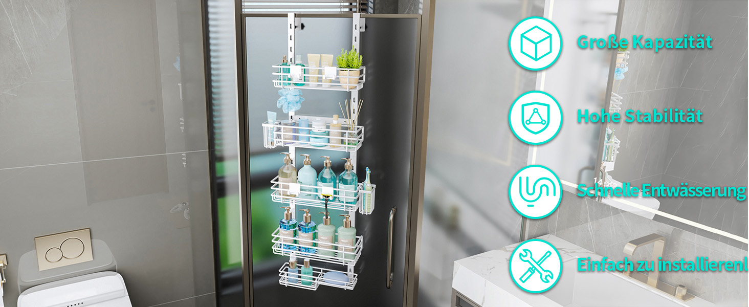 Настінна поличка для душу HapiRm з 22 гачками та 2 тримачами для зубних щіток, 5 ярусів (білий)