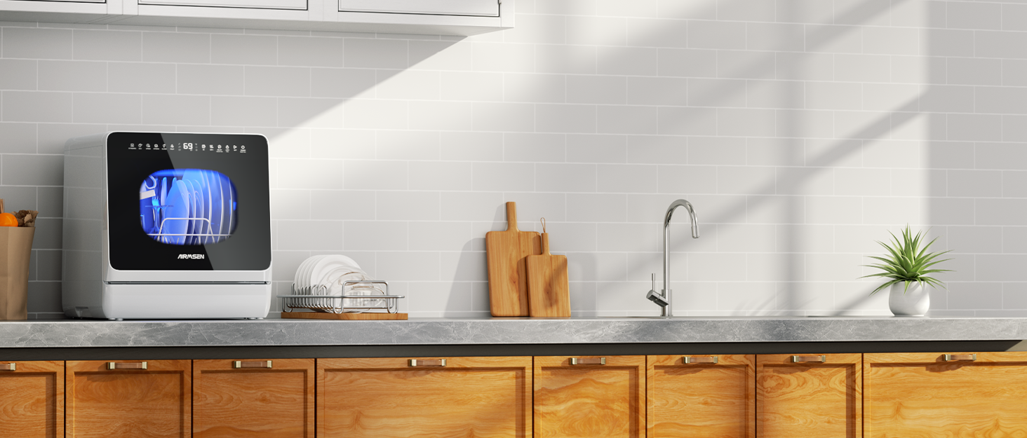 Mini посудомийна машина AIRMSEN з 8+3 програмами, 5л, система пом'якшення води, таймер, дитячий замок, білий/чорний