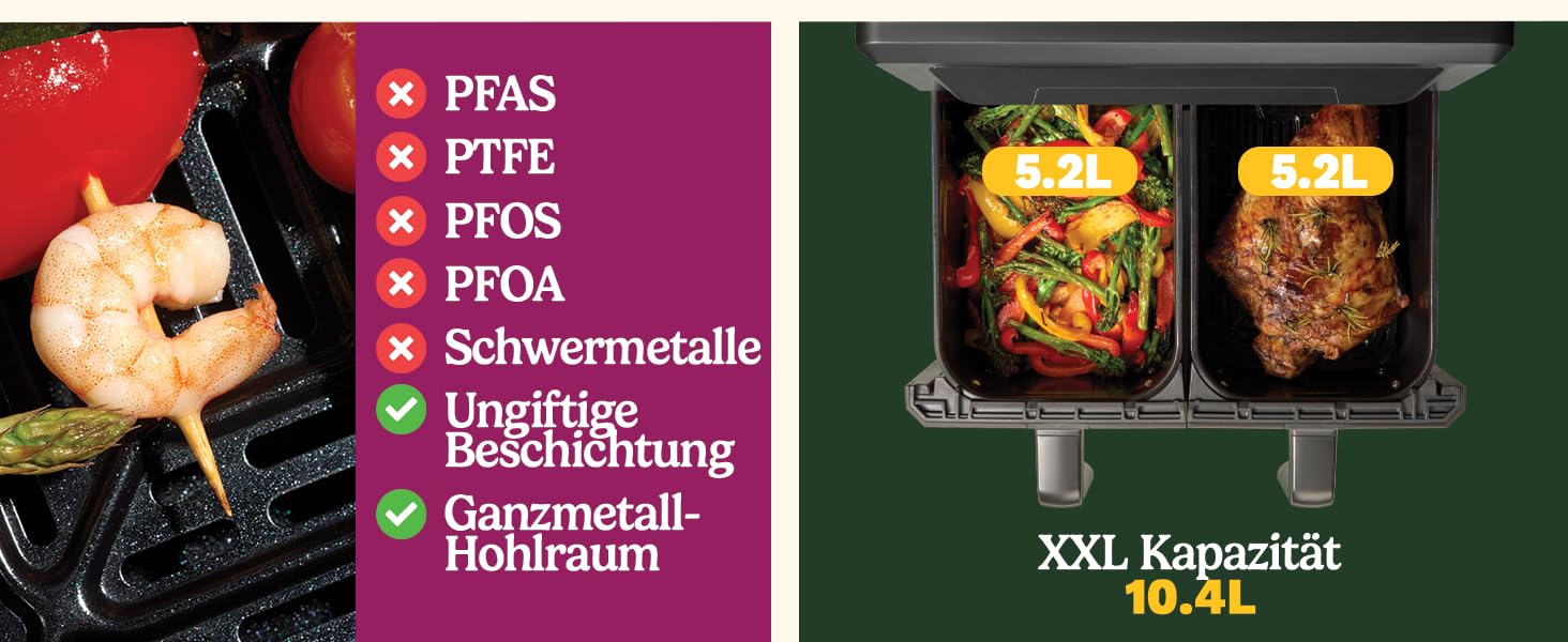 Фритюрниця Cuisinart XXL 10.4L з двома зонами, без PFAS та хімікатів. Брати, смажити, запікати, дегідратувати та підтримувати тепло. 2 камери (2 x 5.2L), 8+ порцій. Деталі придатні для миття в посудомийній машині. Чорний колір.