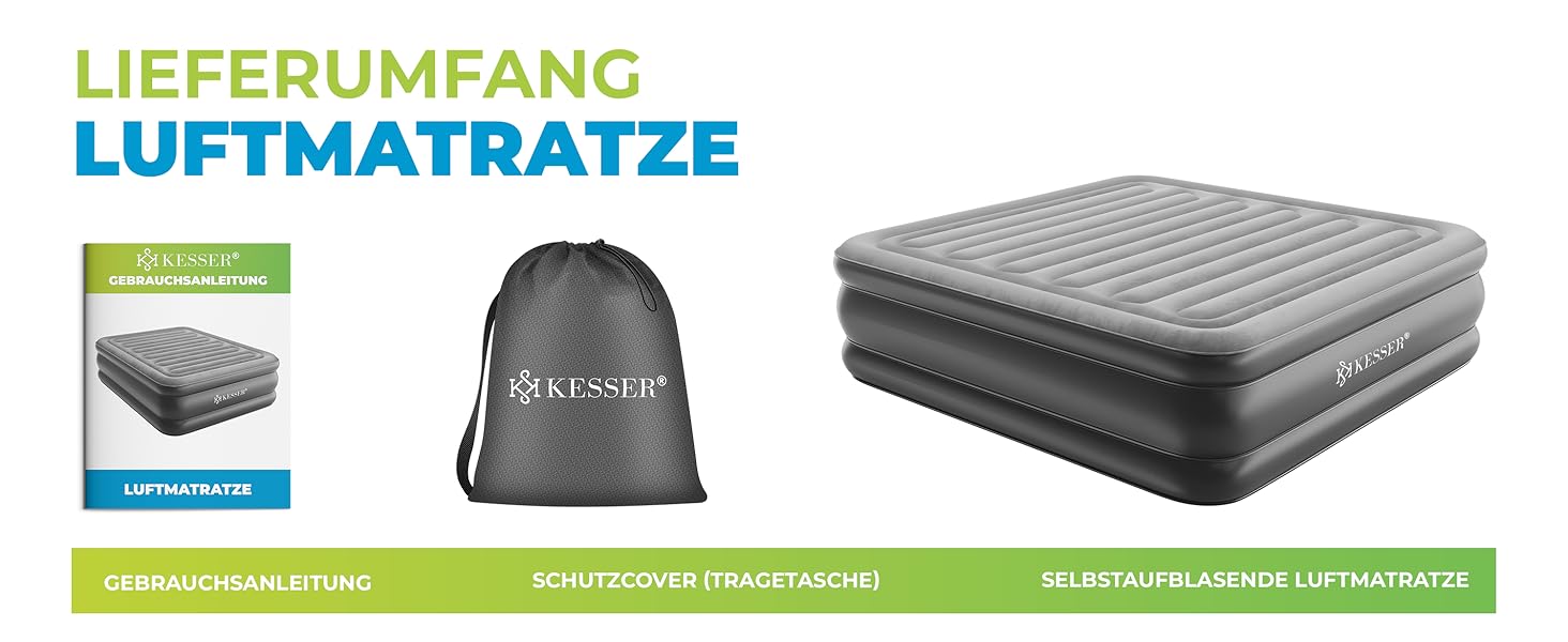 Надувна матрац KESSER® з електричним насосом, 203x152.5x51 см, для дому та кемпінгу, сірий/антрацит