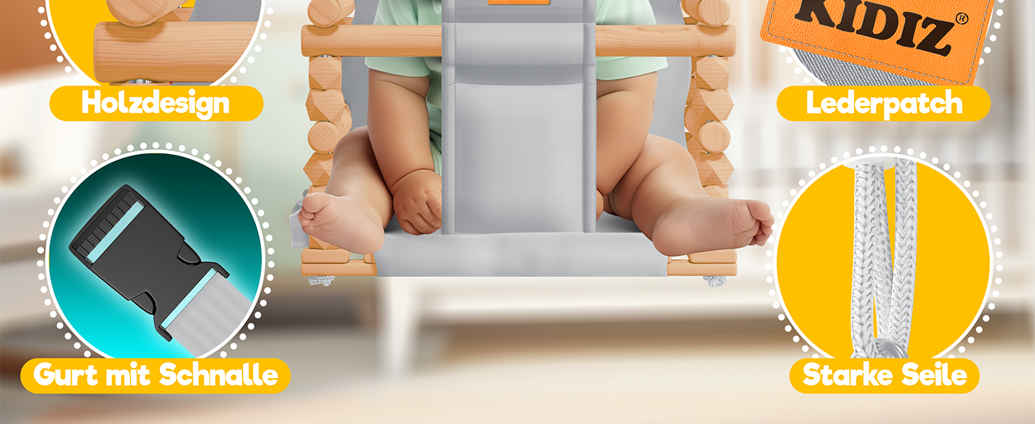 Дитячий гойдалка-колиска KIDIZ® для немовлят від 6 місяців та малюків до 3+ років. Дерев'яна гойдалка з регульованою висотою та м'якою подушкою. Для дому та вулиці, антрацит.