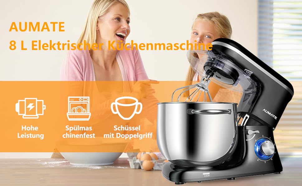 Кухонна машина AUMATE 1400W, 8 л, з міксером, гаком для тіста та вінчиком, 6 швидкостей, чорний колір