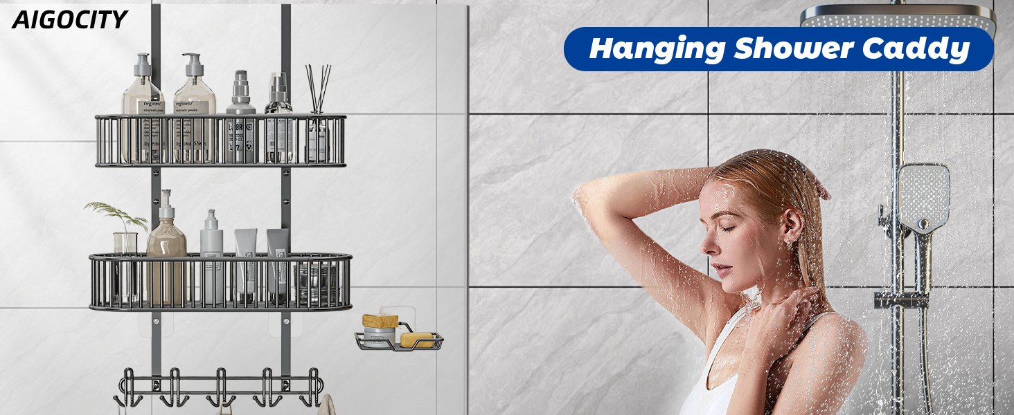 Настінна поличка для душу без свердління, чорна, для скляних душових кабін, регульована висота, 3 гачки, для шампуню та гелю для душу