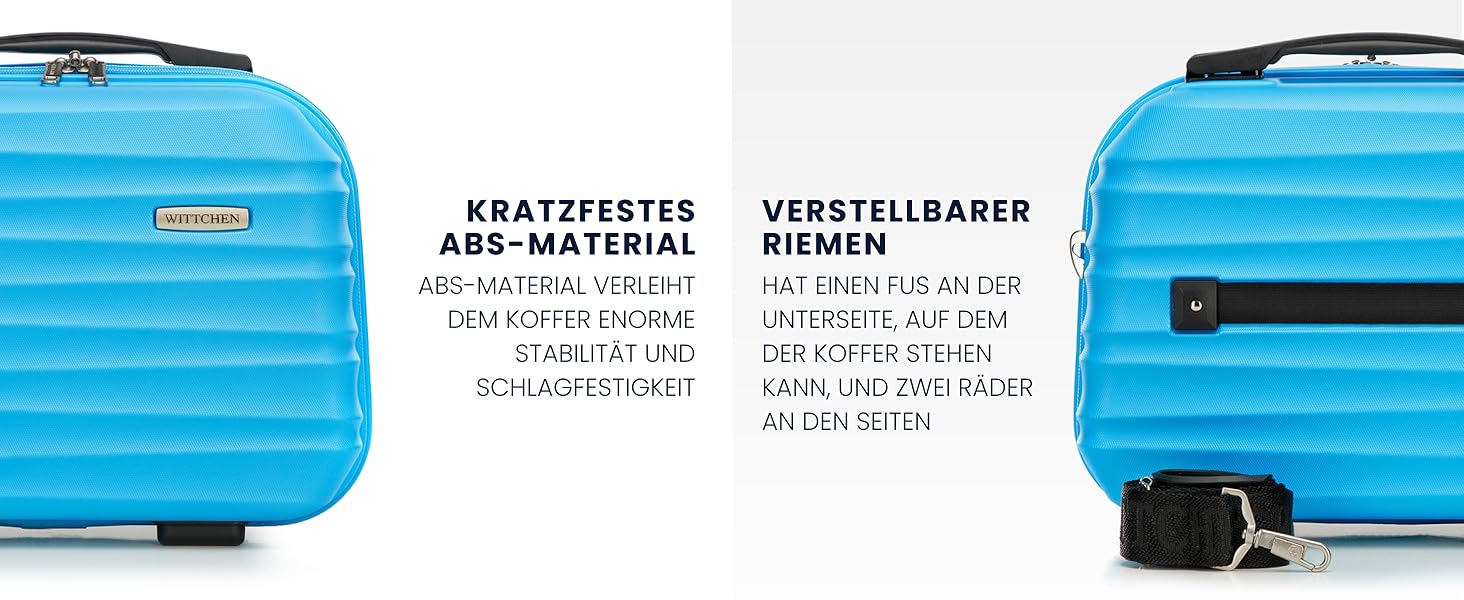 Набір валізWITTCHEN 3 в 1: велика, середня, маленька. Валізи на колесах з ABS, з кодовим замком, 4 колеса, Groove Line. Підходить для Lufthansa, Eurowings, Ryanair, Condor. (Синій, косметичка)