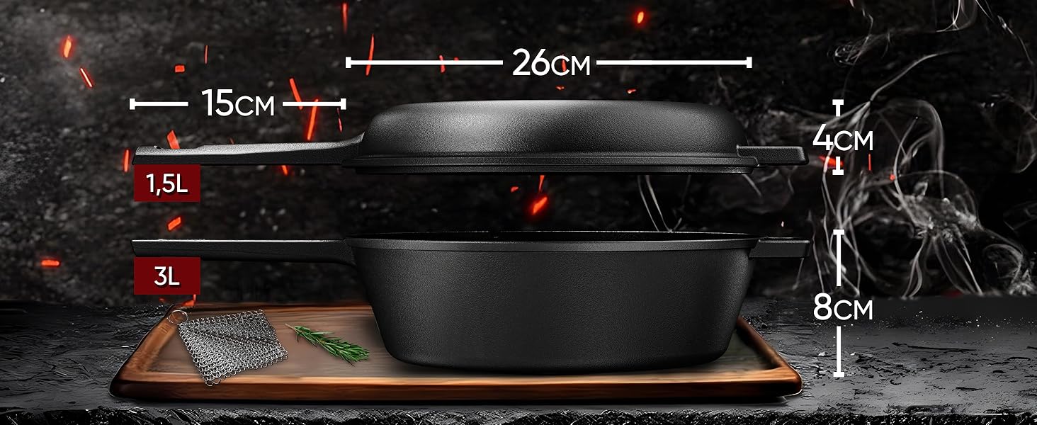 Нідерландський горщик 2в1 з чавуну 4.8л & сковорода з чавуну 1.8л - Набір нідерландського горщика з подвійною функцією - з кулінарною книгою та аксесуарами для барбекю, кемпінгу та кухні - 30 років гарантії (2в1 сковорода)