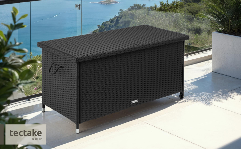Ящик для зберігання вуличний Tectake Poly Rattan 270л, чорний - водонепроникний, з замком, колісний, для саду, тераси, меблів