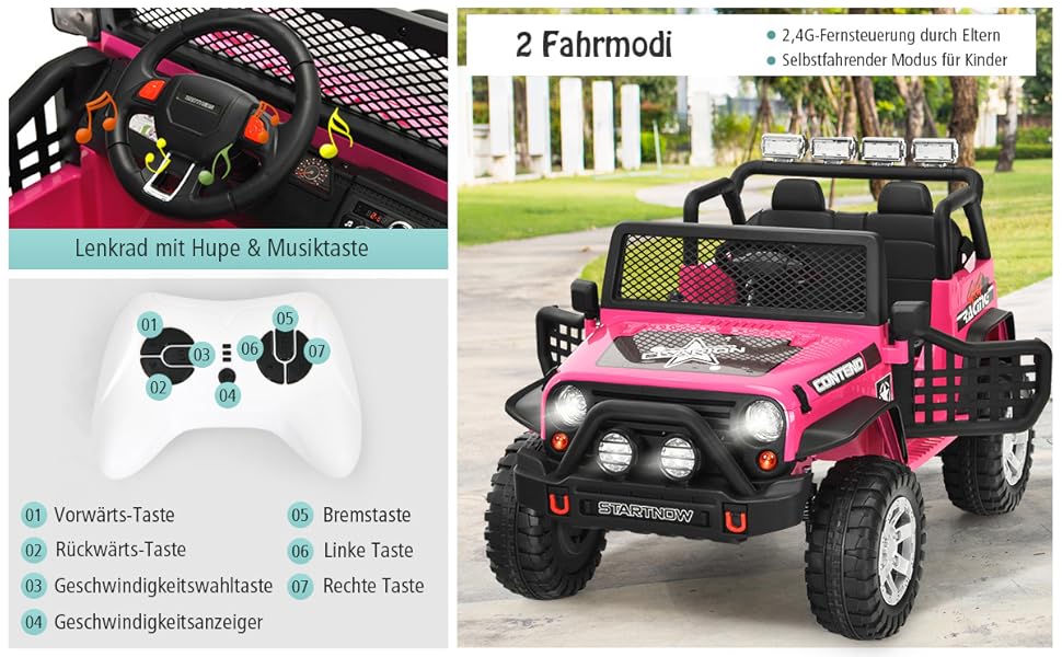 Дитячий електромобіль COSTWAY 12V, музика, USB, MP3, радіо, 3 швидкості, дистанційне керування, рожевий, для дітей від 3 років
