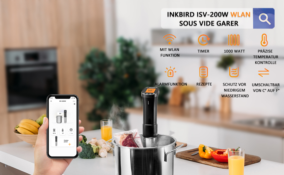 Inkbird Sous Vide Stick 1000 Вт, ISV-200W - су-від прилад з керуванням через додаток, 360° циркуляція, 0°C-90°C