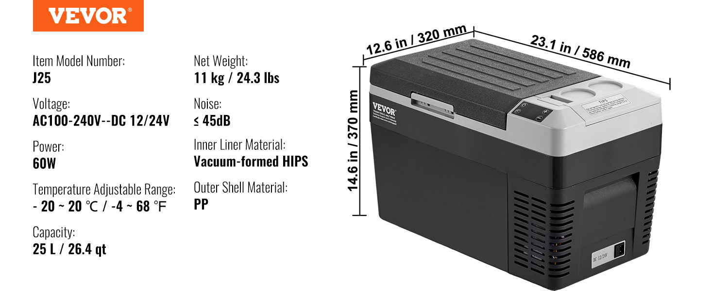 Автохолодильник VEVOR 25л портативний, 12V компресорний -20°C до +20°C для авто, кемпінгу, подорожей