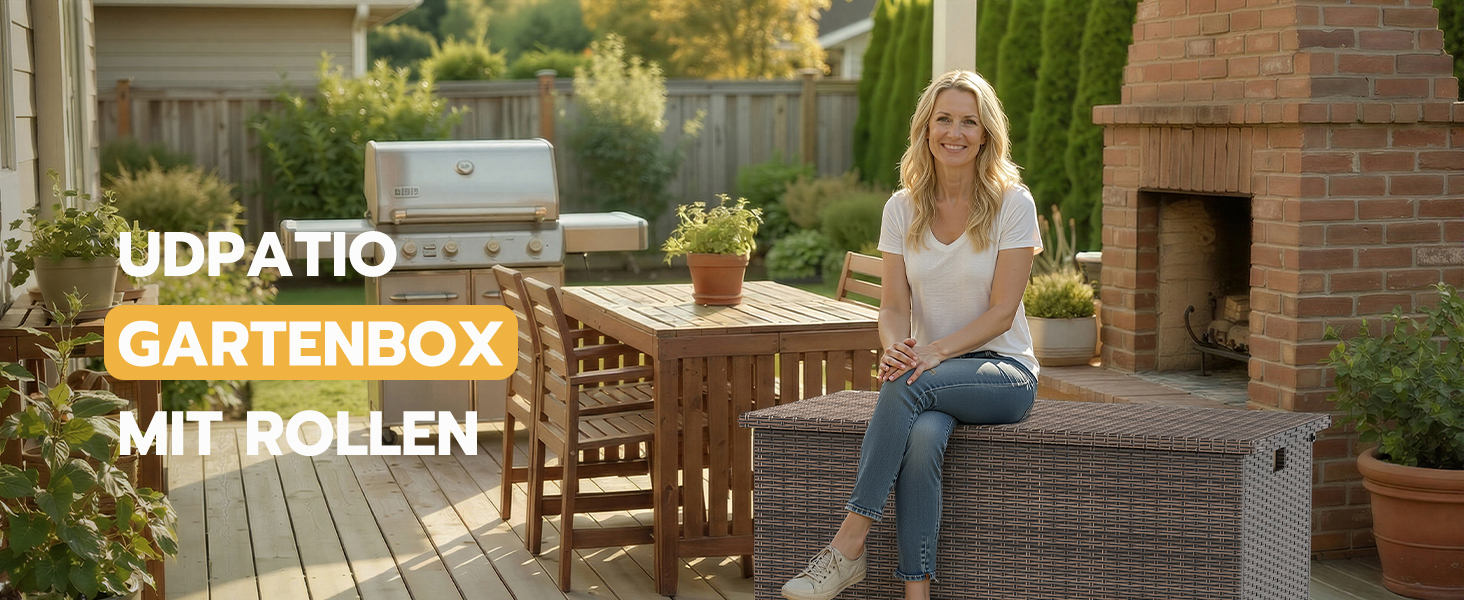 Водонепроникний ящик для зберігання Gartenbox з коліщатками 310л, коричневий 138x61 см для саду та балкону